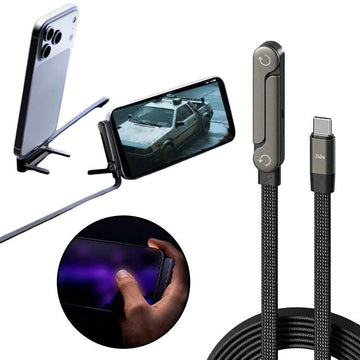 Fast Charging Foldable Data Cable - 2-in-1 USB-A to Type-C & Type-C to Type-C with Built-in Phone Tablet Stand