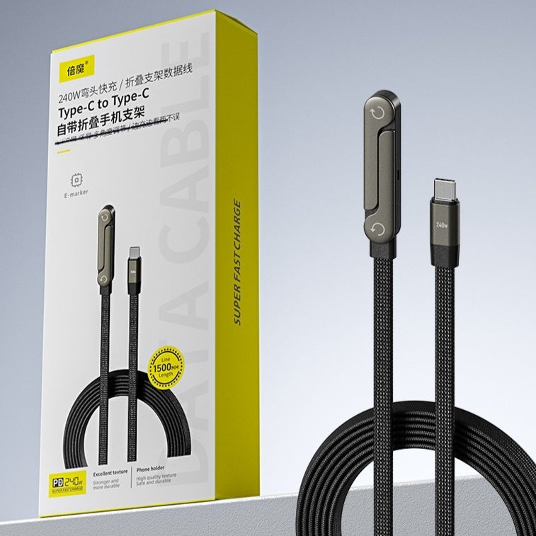 Fast Charging Foldable Data Cable - 2-in-1 USB-A to Type-C & Type-C to Type-C with Built-in Phone Tablet Stand